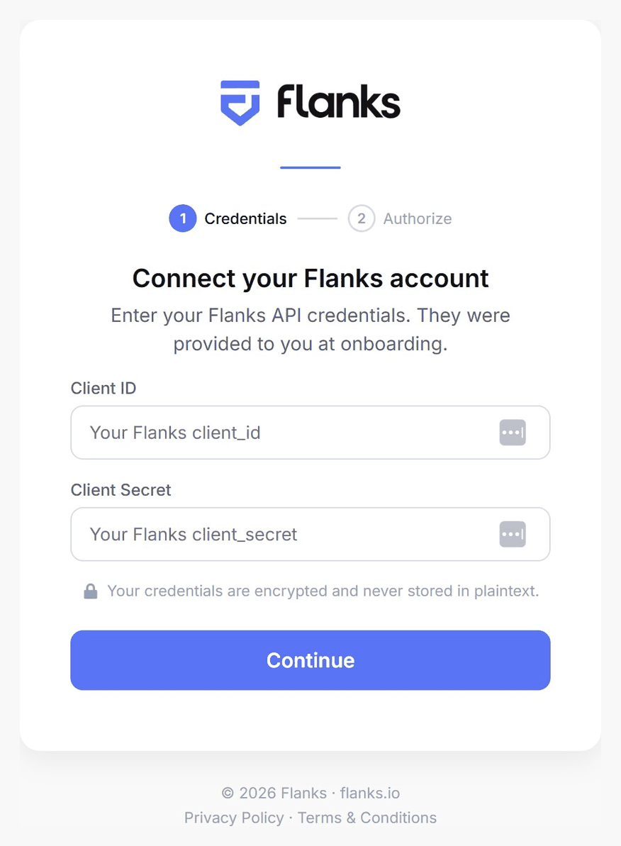 Step 1 – Enter your Flanks API credentials